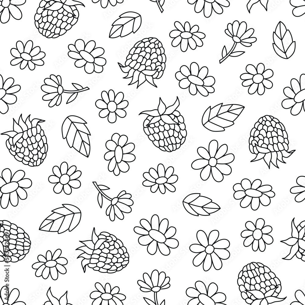 Seamless pattern of hand-drawn raspberry berries and flowers. Black and white outline vector illustration. Seamless pattern of hand-drawn raspberry berries and flowers. Black and white outline vector illustration.