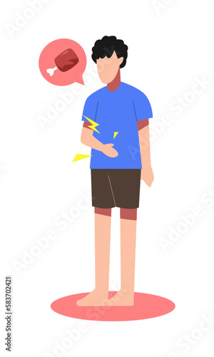 illustration of boy holding belly. hungry child. imagine meat. flat vector.