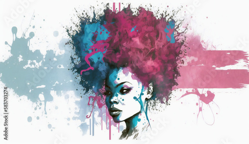 black woman with blue and pink afro isolated on white background - watercolor style illustration background by Generative Ai 