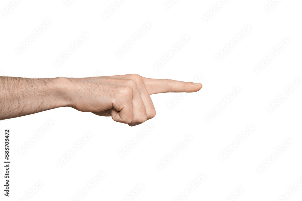 Male hand shows to the side, isolate Male hand shows to the side, isolate