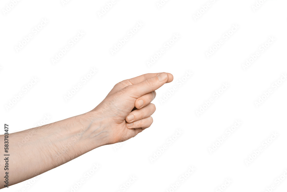 Male hand holding something in hand, isolate Male hand holding something in hand, isolate