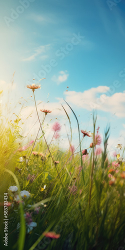 Idyllic Spring Meadow Bursting with Vibrant Wildflowers and Lush Green Grass