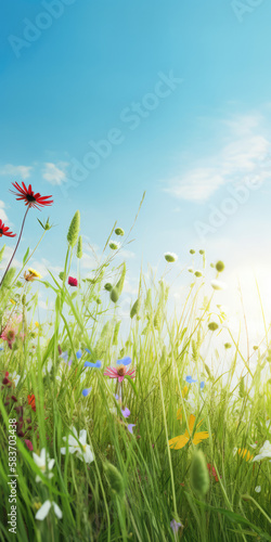 Stunning Springtime Field with Lush Green Grass and Wildflowers in Full Bloom