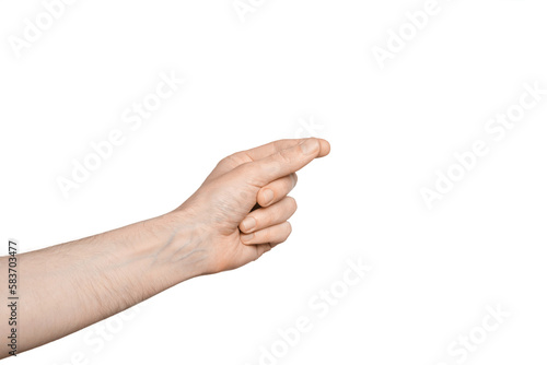 Male hand holding something in hand, isolate