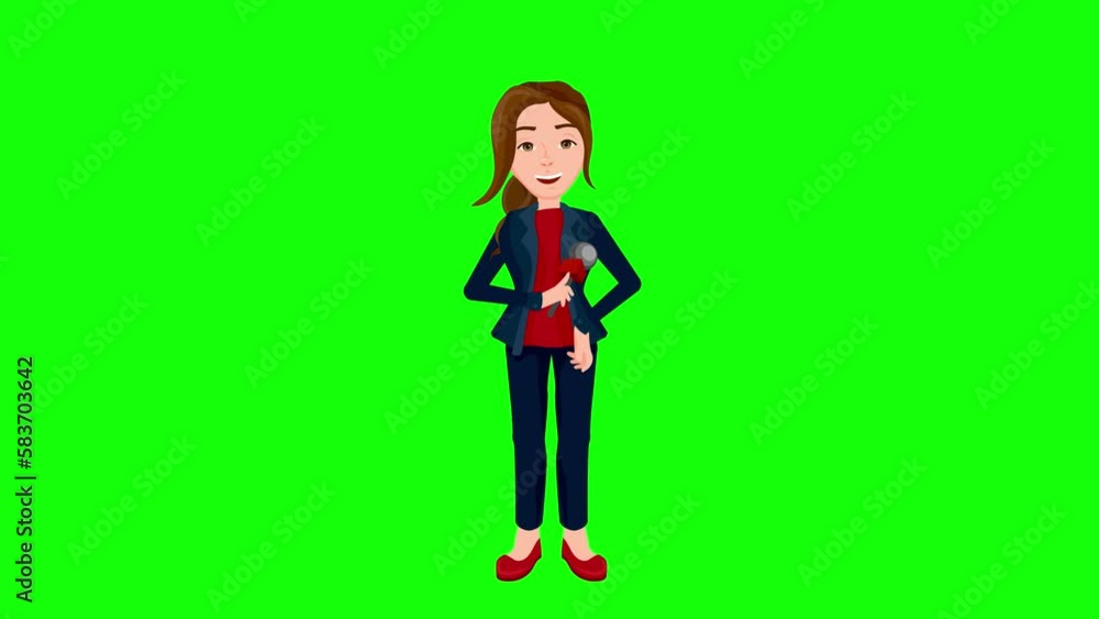 Presenter presenting news to the television world. Last minute agenda, They present news with microphone they hold in their hand. Journalist woman. Chroma Key 2D Animation. Presenter presenting news to the television world. Last minute agenda, They present news with microphone they hold in their hand. Journalist woman. Chroma Key 2D Animation.
