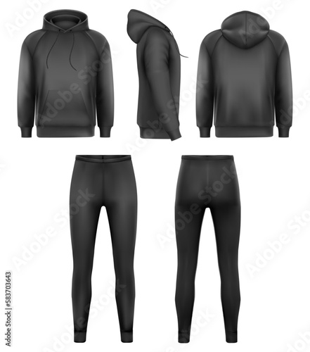 Blank black hoodies and  black leggings mockup, front and back and side view. Vector