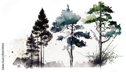 Forest isolated on white background - watercolor style illustration background by Generative Ai