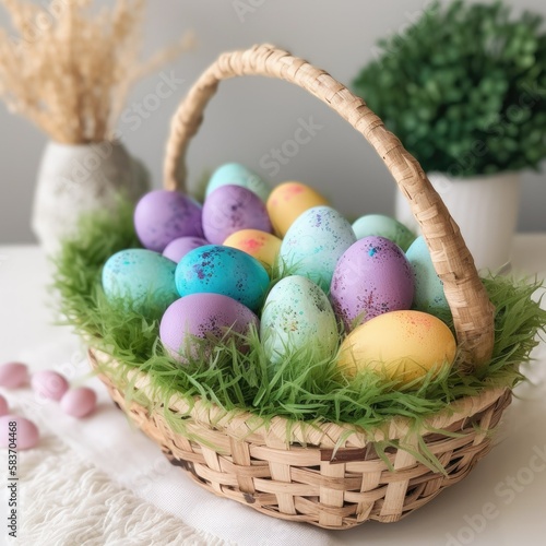 An Easter basket filled with fake grass and colored eggs - generative ai