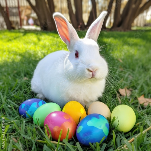 A bunny on the grass next to colored eggs - generative ai