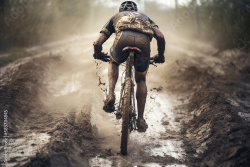 A cyclist racing through the mud, dynamic image, ai generative