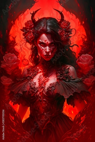 Beautiful devil dressed in a lace cloth, standing confidently in hell, Generative AI