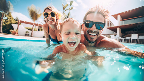 Family enjoying in the pool. Generative AI