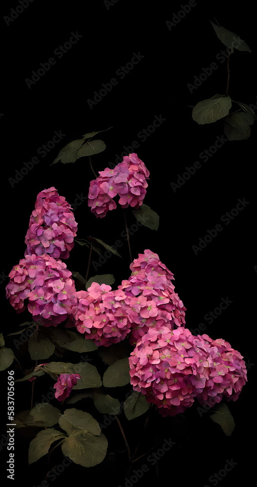 AIで生成した赤い紫陽花の明暗のある絵　AI-generated picture of red hydrangea with light and dark　Generative AI ジェネレーティブ