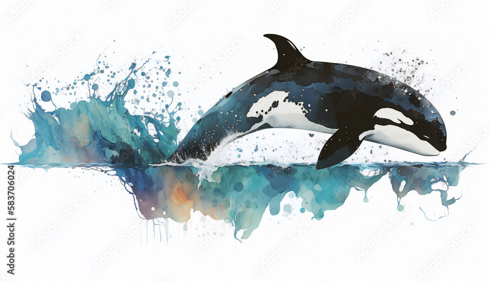 Killer whale orca jumping out of water, isolated on white background - watercolor style illustration background by Generative Ai - obrazy, fototapety, plakaty 