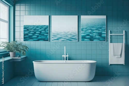 Blue themed bathroom  blue tiles and three posters above. Generative AI