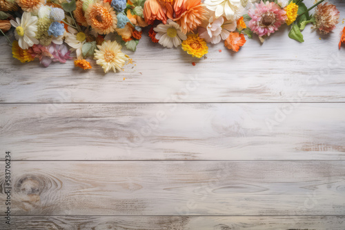 Fototapeta Naklejka Na Ścianę i Meble -  Springtime Blossoms in Full Bloom Accentuate the Appeal of a Rustic Wooden Table
