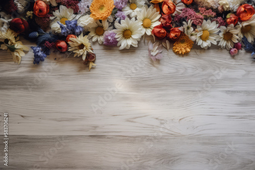 Rustic Wooden Table Adorned with Colorful Spring Blooms for a Charming Display
