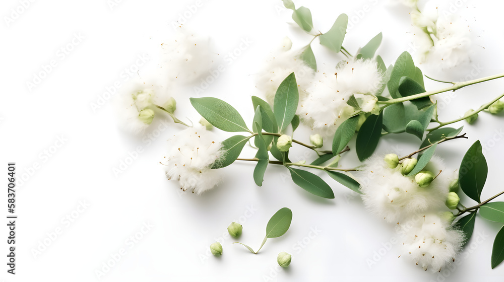 Flor branca de algodão com folhas e botões verdes., Generative Ai Flor branca de algodão com folhas e botões verdes., Generative Ai