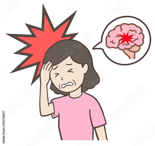 脳卒中、脳梗塞、脳出血で苦悶の表情をしている中年女性、おばさん