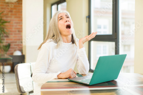 senior pretty woman screaming with hands up in the air with a laptop Free Download senior pretty woman screaming with hands up in the air with a laptop - GFXLoad