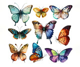 Realistic illustration of mixed set butterflies  on isolated white background created with Generative AI technology