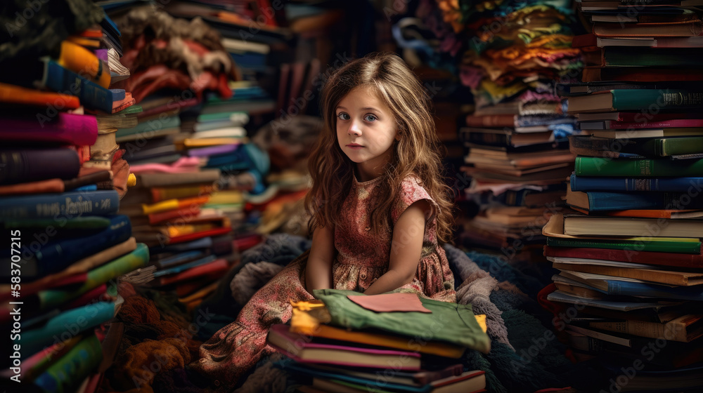 a little girl sitting among piles of colored books, generative ai illustration