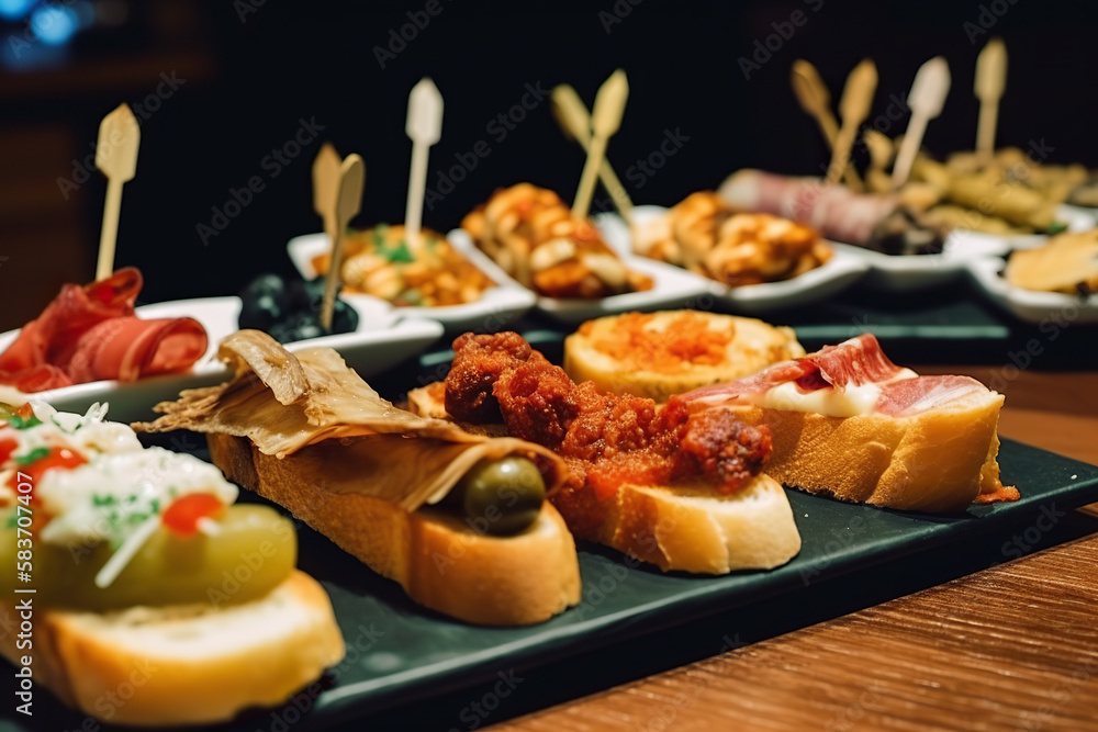 Fototapeta premium ypical snack of Basque Country, pinchos or pinxtos skewers with small pieces of bread, sea food, eggs, cheese, jamon served in bar in San-Sebastian or Bilbao, Spain