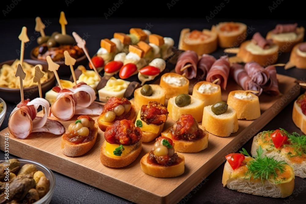 ypical snack of Basque Country, pinchos or pinxtos skewers with small pieces of bread, sea food, eggs, cheese, jamon served in bar in San-Sebastian or Bilbao, Spain