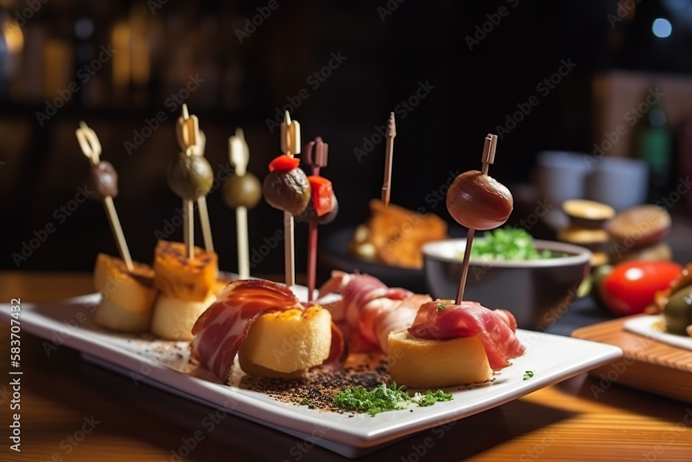 Fototapeta premium Close-up of a typical basque pincho or tapa made of salmon and crayfish in a bar of Vitoria, Basque Country, Spain