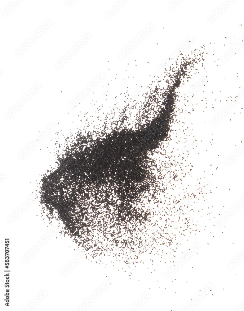 Black Sesame seeds flying explosion, black grain wave floating. Abstract cloud fly splash in air. Sesame seed is material food. White background Isolated high speed shutter, freeze stop motion Black Sesame seeds flying explosion, black grain wave floating. Abstract cloud fly splash in air. Sesame seed is material food. White background Isolated high speed shutter, freeze stop motion