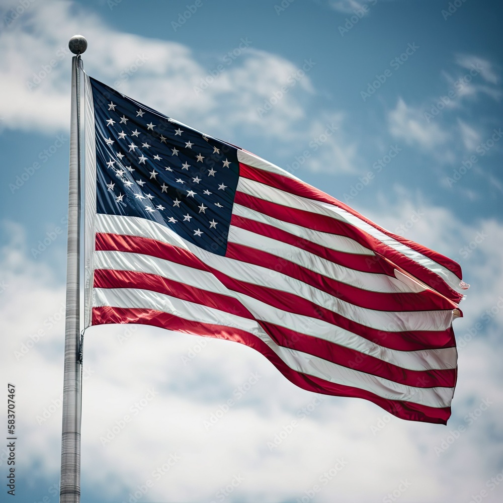 Fototapeta premium An American flag on a flagpole waving in the blue sky - generative ai