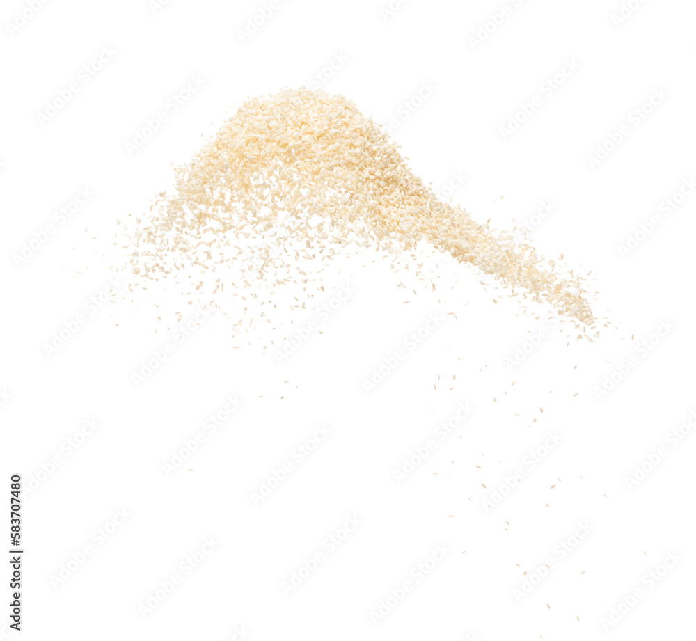 White Sesame seeds flying explosion, White grain wave floating. Abstract cloud fly splash in air. Sesame seed is material food. White background Isolated high speed shutter, freeze stop motion