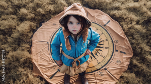 A girl dressed as an explorer standing on a compass carpet in a field, generative ai illustration