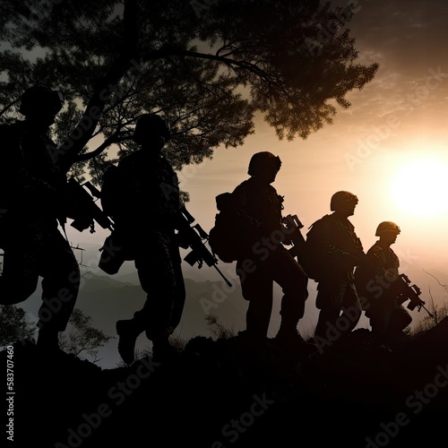 Five soldiers walking in a temperate or tropical region that are silhouetted by the sun in the hazy sky - generative ai