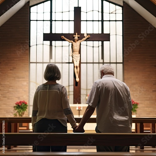 An old married couple holding hands in church admiring Jesus Christ on the cross - generative ai