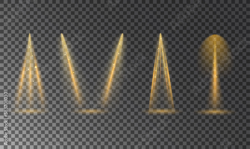 Glowing sparkling yellow projector lights. Pack of realistic icons on transparent backdrop