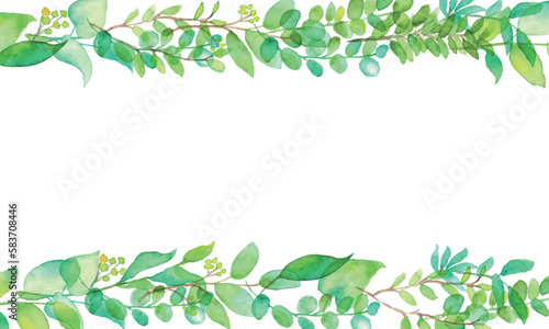 水彩画。手描きの水彩タッチ植物ベクターイラスト。緑のハーブの背景フレーム。Watercolor painting. Hand drawn watercolor touch plant vector illustration. Green herb background frame.