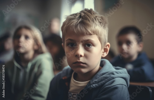 Unhappy young boy with sad face expression while sitting in classroom during lesson together with copy space left, generative ai image.
