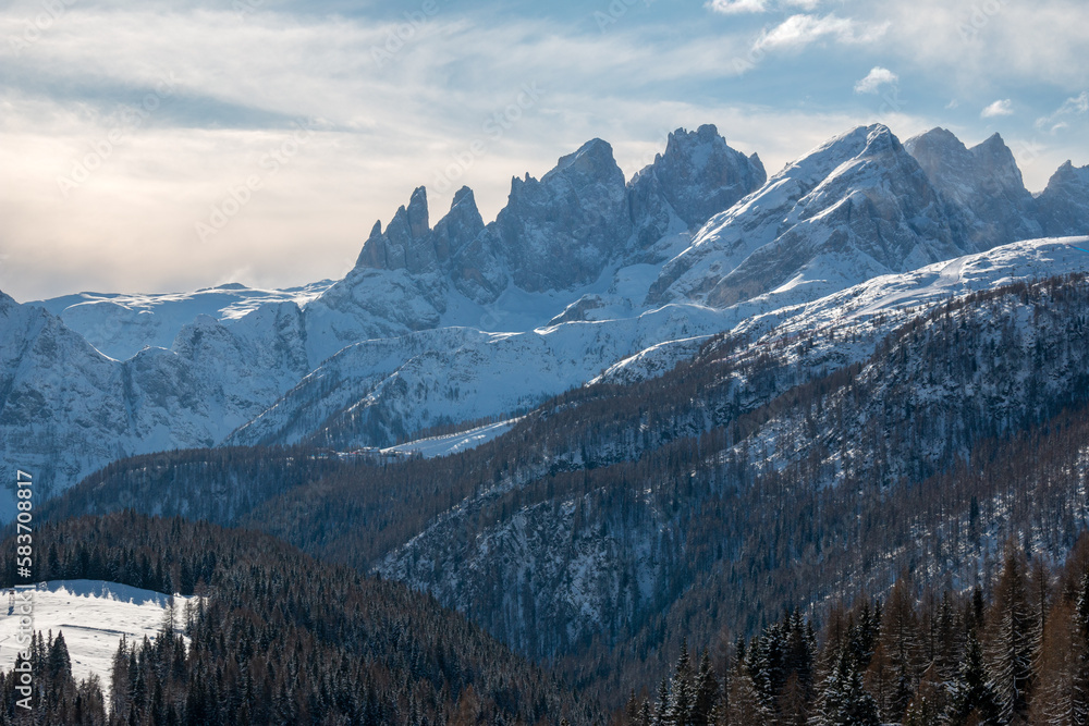 The view of Col Margherita from the winter hiking trail to Rifugio Fuciade, Dolomites, Italy