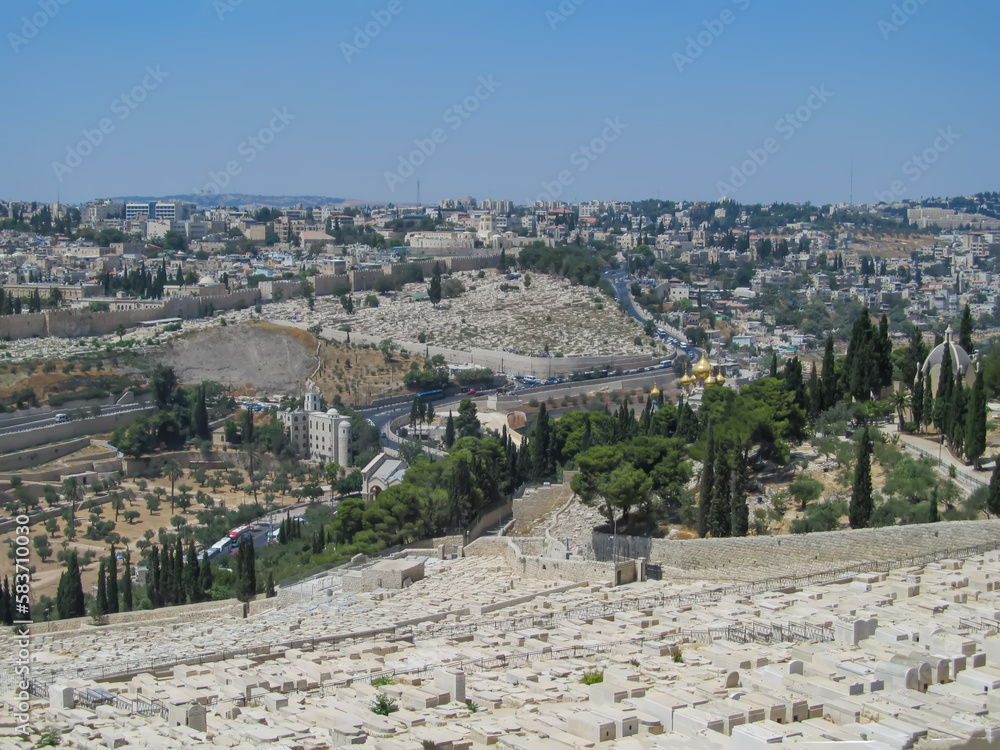 Panoramic view to Jerusalem Old city from Mount of Olives Jewish Cemetery. It's the most ancient and important cemetery in Israel since First Temple Period