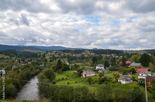 Scenic view of Vorokhta village in the valley surrounded Carpathian mountains, Ukraine