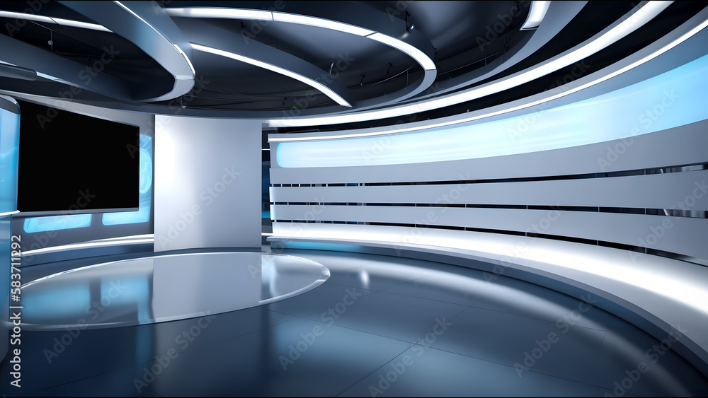 Tv Studio. News studio. News room. Background for newscast. 3D rendering. Backdrop for video or photo production. Generative AI technology.
 - obrazy, fototapety, plakaty 