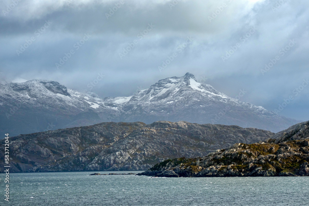 Mountain glaciers on the coastline of the Straits of Magellan in southern Chile
