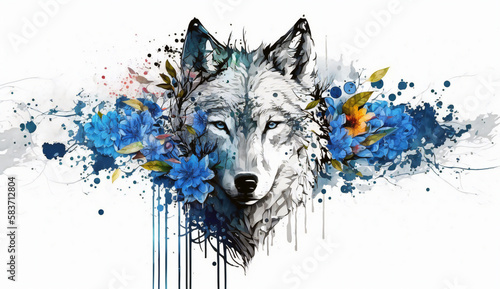 White Flower Wolf - watercolor style illustration background by Generative Ai 