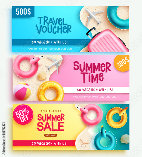 Summer vector banner set. Summer sale, travel voucher and time banner for holidays business layout. Vector illustration summer banner sale.
