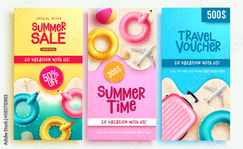 Summer sale vector poster set. Summer time, sale and travel voucher certificate holiday collection. Vector illustration summer poster layout.
