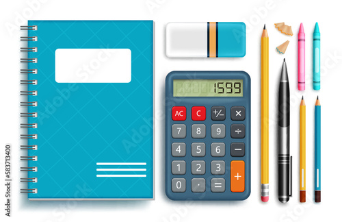 Back to school element vector set. Back to school notebook, calculator, pencil and crayon elements isolated. Vector illustration back to school educational collection.
