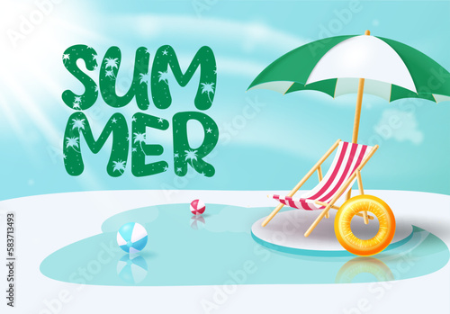 Summer vector design. Summer text in swimming pool background for fun and enjoy holidays. Vector illustration summer holiday.
