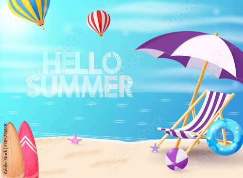 Hello summer greeting vector design. Hello summer greeting text in beach outdoor background. Vector illustration summer beach design.
