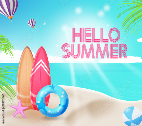 Hello summer vector design. Hello summer greeting text in relaxing beach background. Vector illustration summer greeting.
